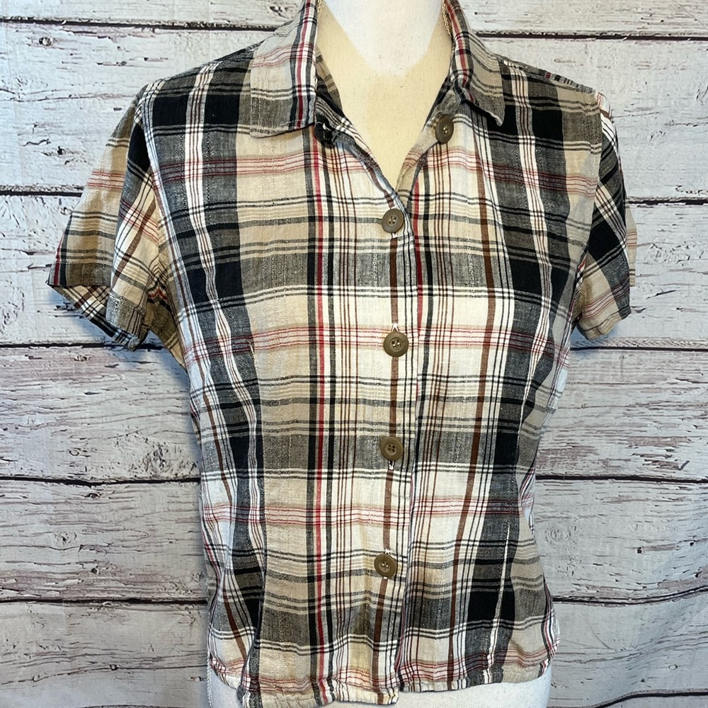 CROSSROADS (Petite) Plaid Cropped Button Down Short Sleeve Shirt Linen/Cotton-PL
